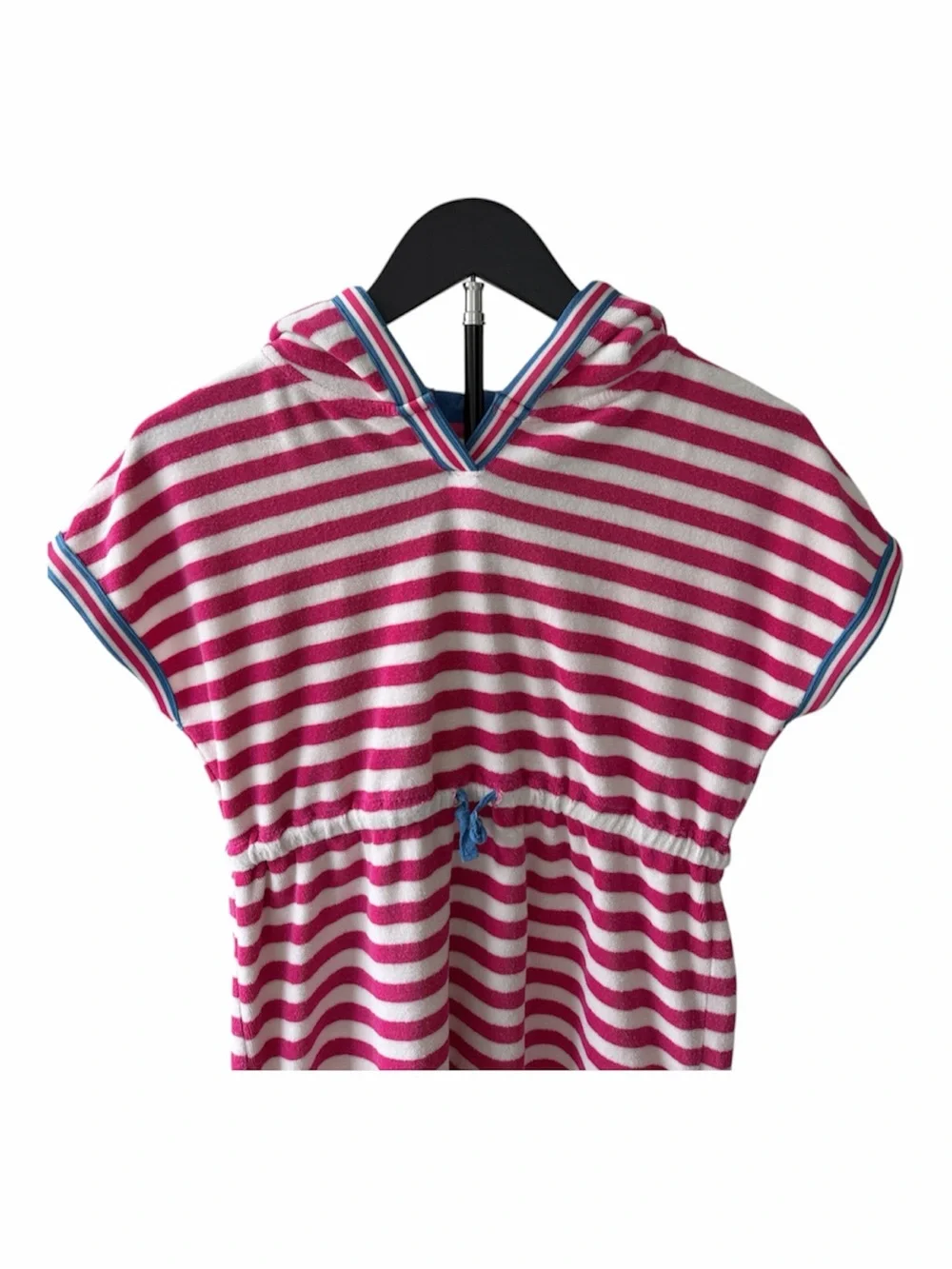 Mini Boden Girl’s Pink & White Striped Terry Toweling Hooded Swim Cover-Up Dress